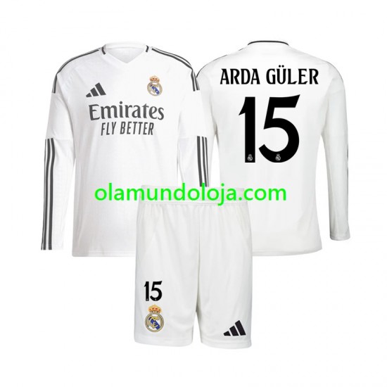 Camisola Real Madrid Arda Guler 15 Criança Equipamento Primeiro 2024-2025 Manga Comprida